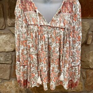 Cottagecore Boho Blouse Top Women’s Medium Smocking Tassel Ties Balloon Sleeves